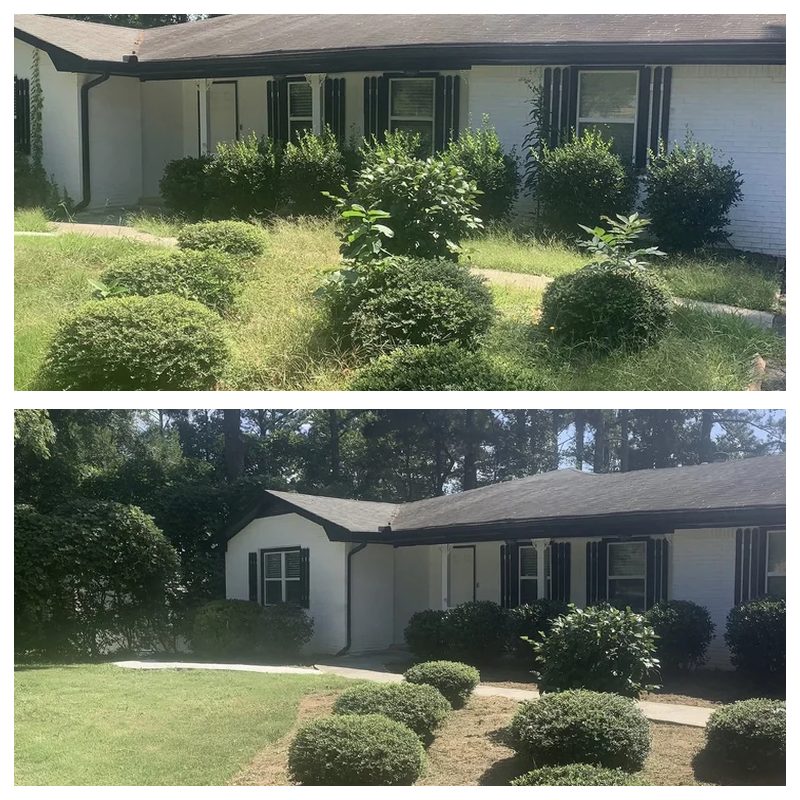 Front of a home before and after shrub trimming and lawn cleanup