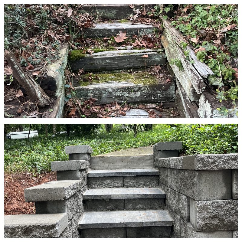Rotted wooden timber steps before and after being rebuilt as block steps with stone treads